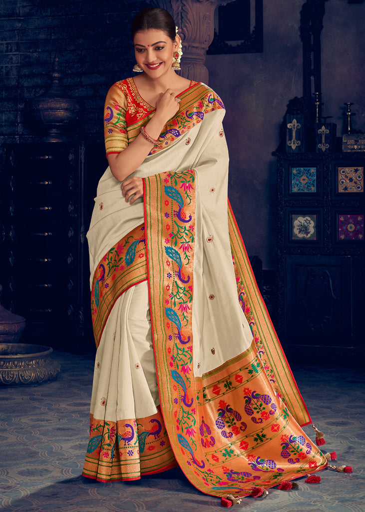 SUGAR WHITE WOVEN ROYAL PAITHANI SAREE (6198959538369)