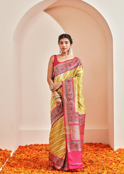 Ikat (Pre-Order): Kanjivaram saree in the shades of Green and Pink with a Patola Border (6894255079617)