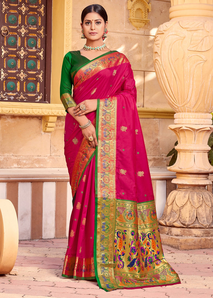 VIVID PINK WOVEN HANDLOOM PAITHANI SAREE (6819808051393)