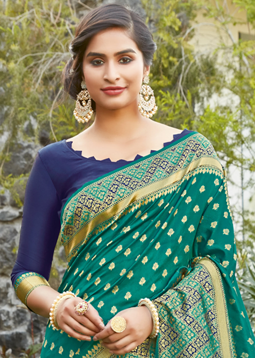 Peacock Green Stone and Zari Thread work Saree with Matching Unstitche –  Seasons Chennai