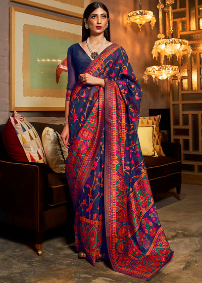 Navy Blue Woven Jamewar Banarasi Saree (5893526814871)