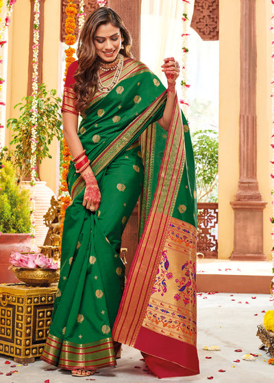 BRIDAL GREEN WOVEN PAITHANI SILK SAREE (6586276806849)