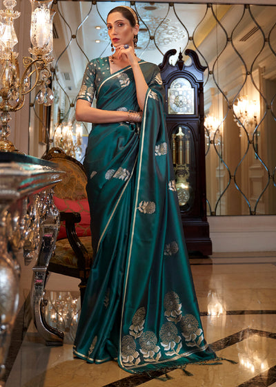 EMERALD GREEN SATIN SILK BANARASI SAREE WITH BROCADE BLOUSE (6840683004097)