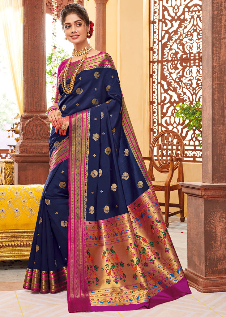 ROYAL BLUE WOVEN PAITHANI SILK SAREE (6586253836481)