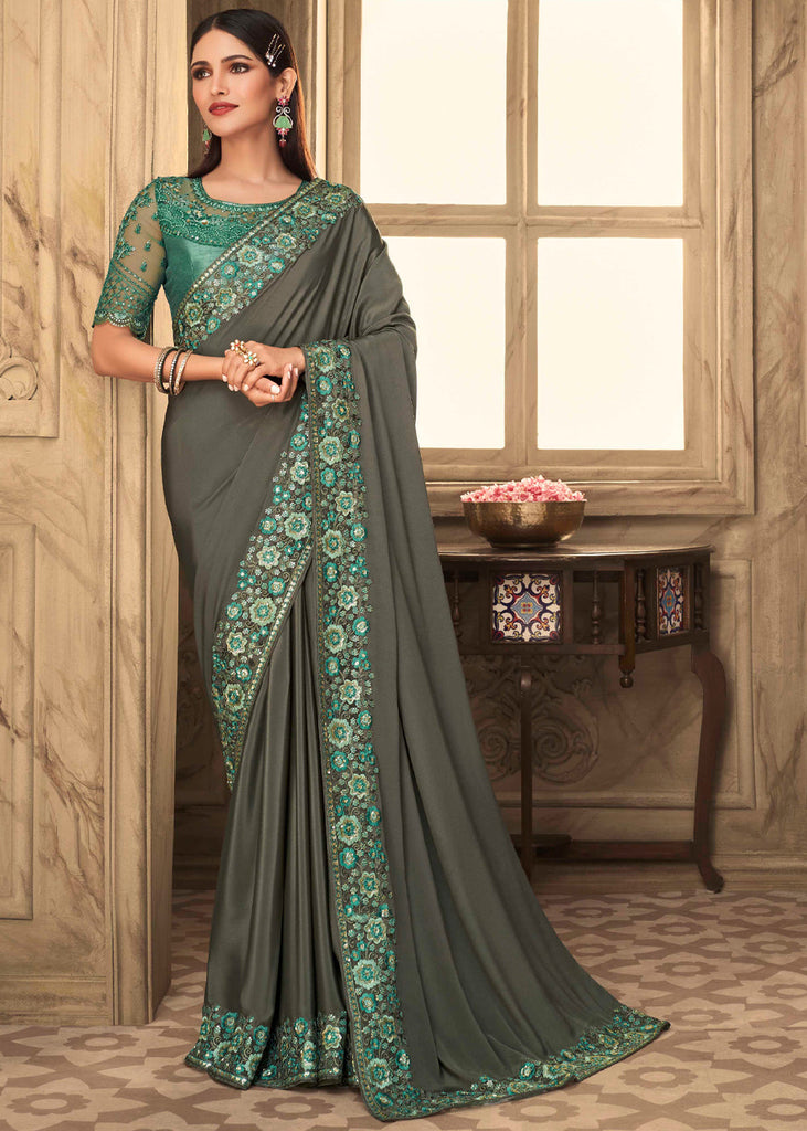 Digital Printed Georgette Saree in Olive Green : SKK35593