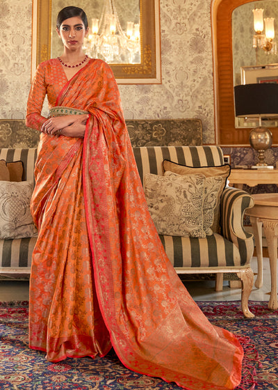 SALSA ORANGE WOVEN BANARASI TUSSAR SILK SAREE WITH BROCADE BLOUSE (6623515443393)