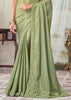 BASIL GREEN DESIGNER EMBROIDERED SATIN SILK SAREE