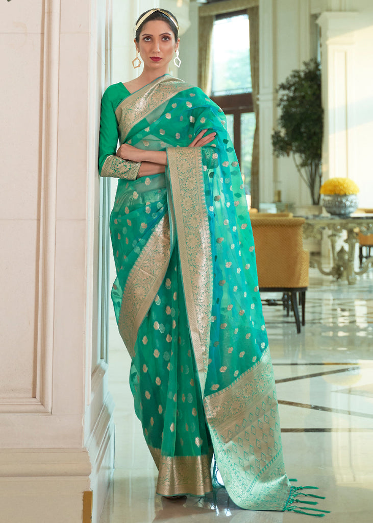 GANGES GREEN WOVEN ORGANZA SILK SAREE (6918680215745)