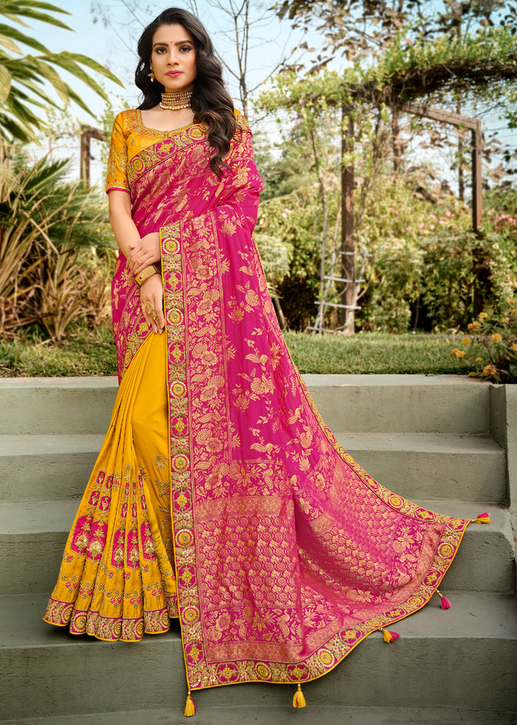 Yellow Color Magenta Pink Combination Kanchipuram Saree | AK153