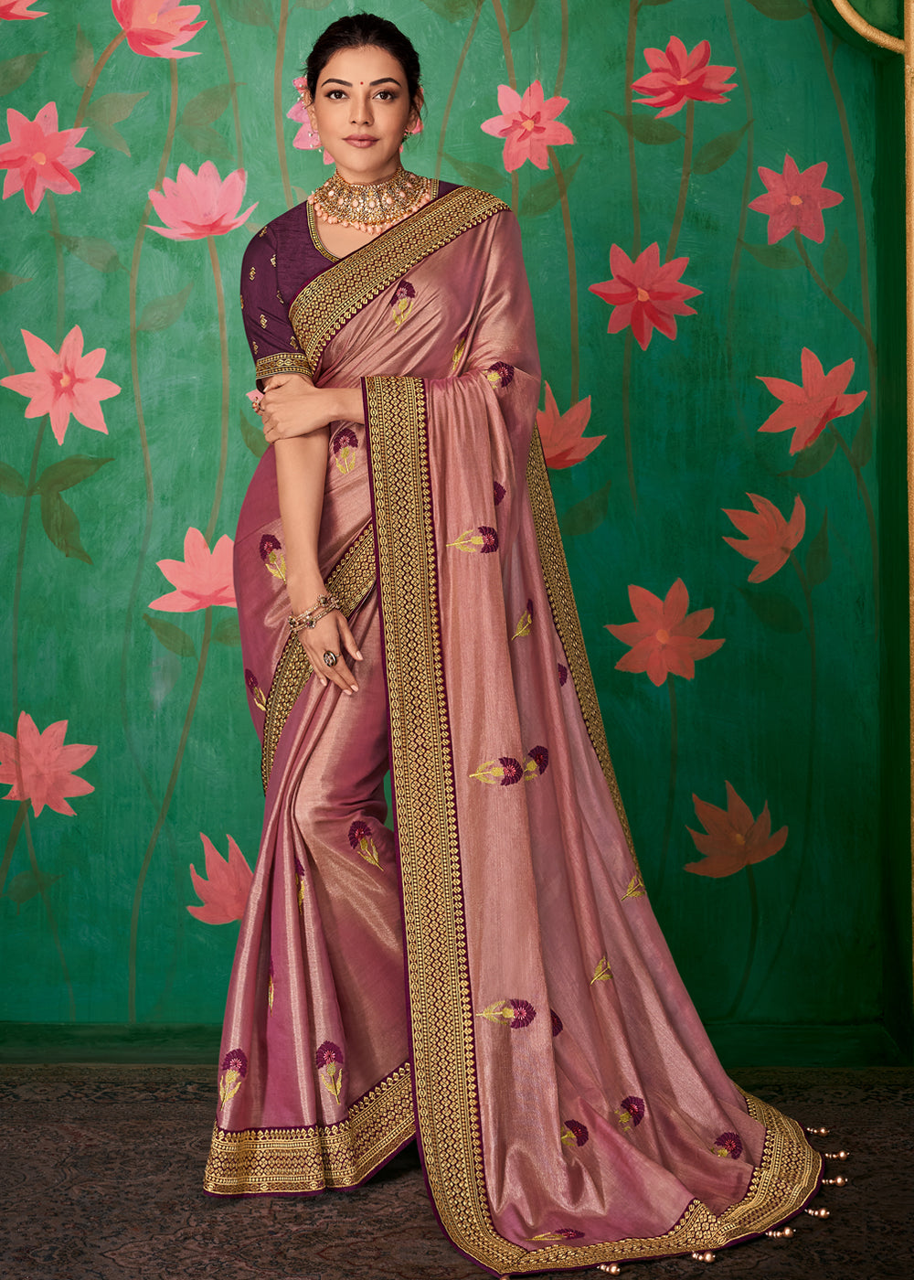 Latest Blush Wine Kanjivaram Silk Saree With Blouse - Mr & Mrs Creation -  4092281