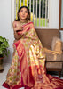 Phalgun : Rangkaat Khaddi Georgette Handloom Banarasi Saree in subtle shades of Yellow and Pink (7490833285313)