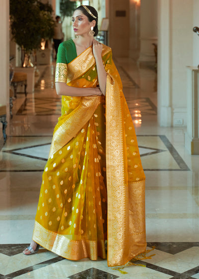 MUSTARD YELLOW WOVEN ORGANZA SILK SAREE (6918679920833)