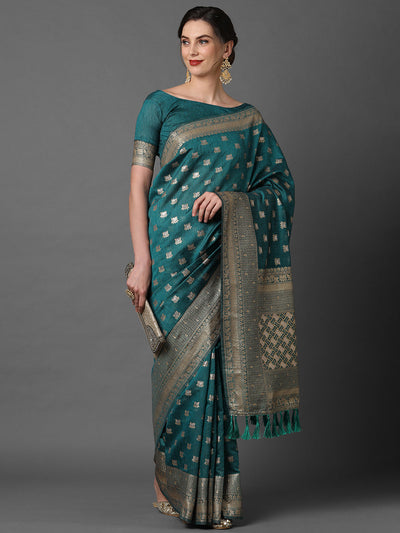 TEAL BLUE WOVEN BANARASI SILK SAREE (6871781671105)