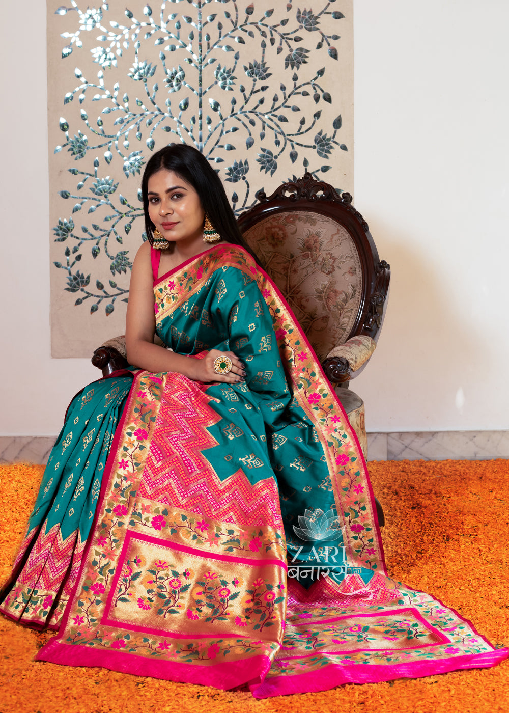 Green Paithani saree with a solid contrast border.The peacock embroidery is  all over the border side | Indian fashion, Saree draping styles, Saree  blouse styles