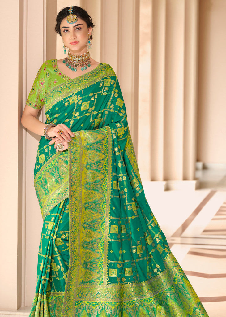 Delightful Teal Green Cotton Banarasi Design Handwoven Saree