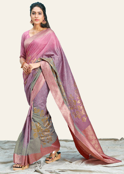 ROSE PINK AND PURPLE WOVEN BANARASI SHADED SAREE (6592614006977)