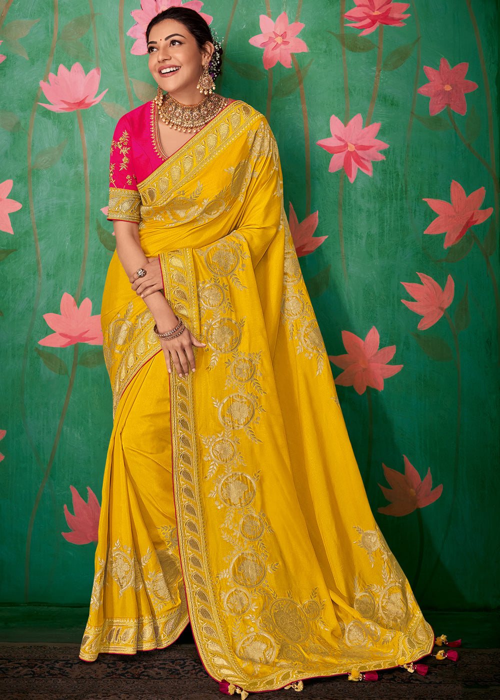 Mustard Yellow and Magenta Pink Banarasi Jute silk saree with Blouse –  Jumbora