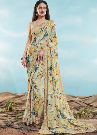 BEAUTIFUL STONE BEIGE PRINTED SAREE WITH EMBROIDARY (6652160508097)