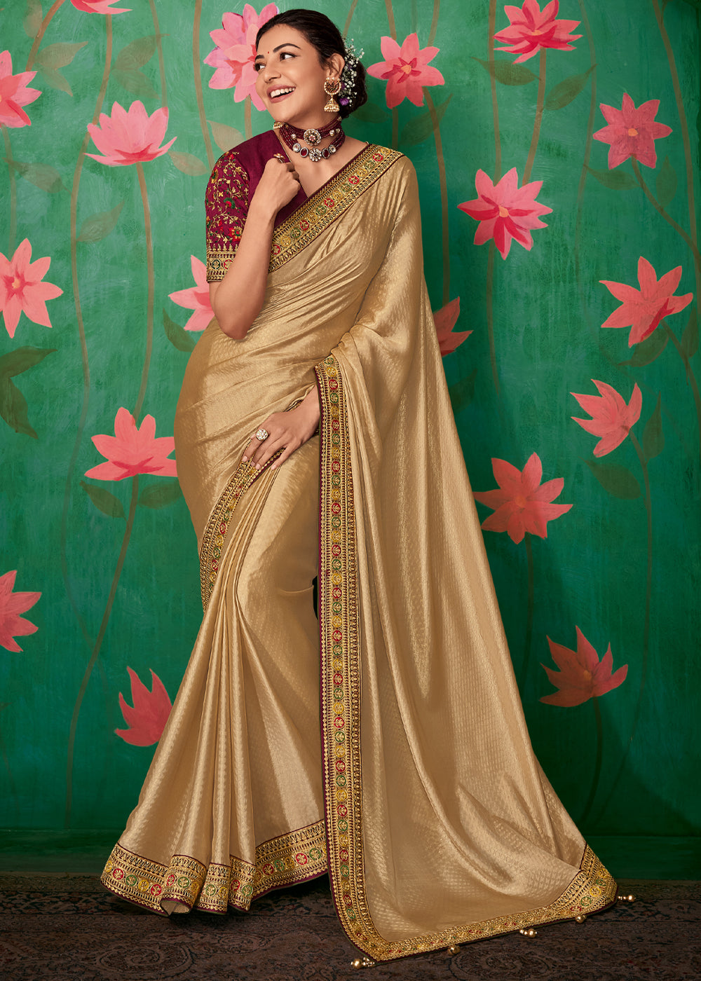 Buy Diwali Saree | Beige Golden Zari Embroidered Festive Saree