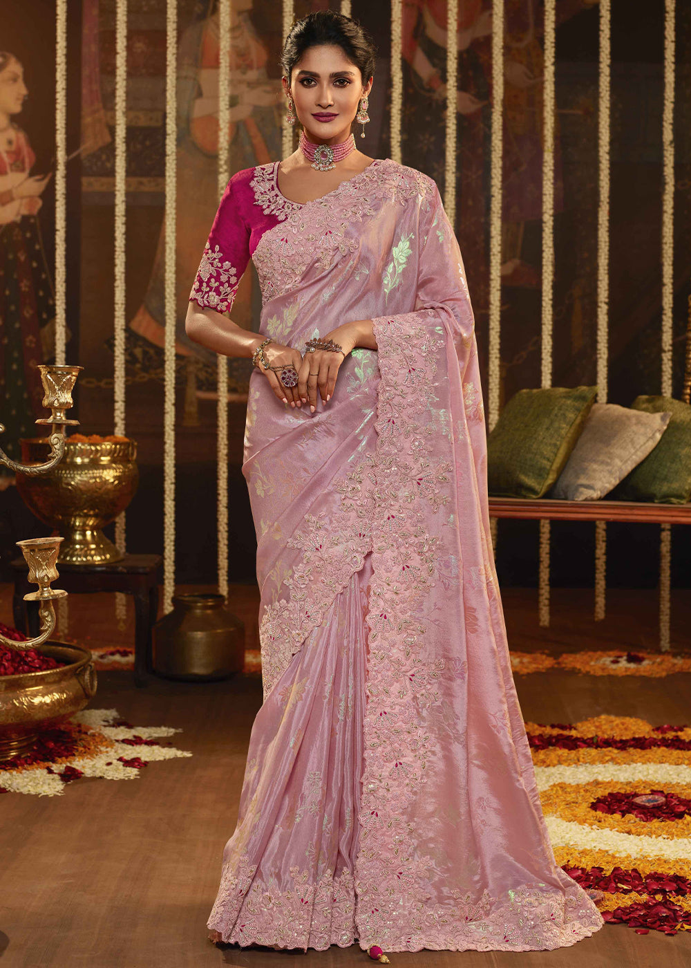 Silk Saree with blouse in Pink colour 10063