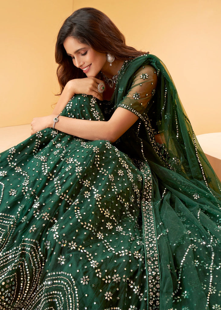 Buy Sea Green Lehenga In Organza With A Heavily Embroidered Crop Top In Mirror  Work KALKI Fashion India