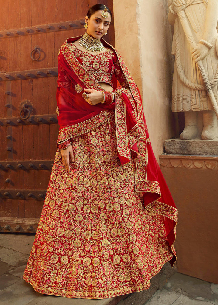 Ruby Pink Designer Heavy Embroidered Silk Bridal Lehenga