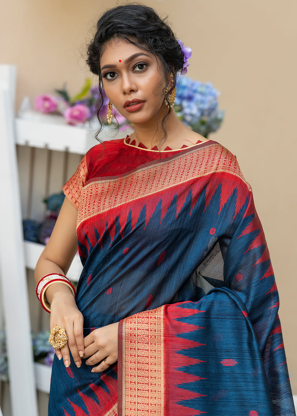 Sangria Purple Art Silk Saree with Temple Border – Ethnos