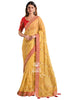 Magnetic Yellow Organza Silk Designer Saree With Embroidered Contrast Blouse (7185594548417)