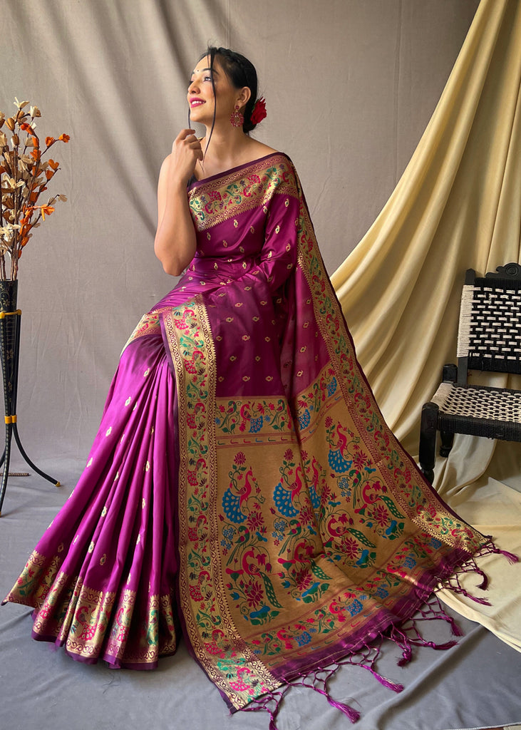 Wine Purple Woven Paithani Silk Saree