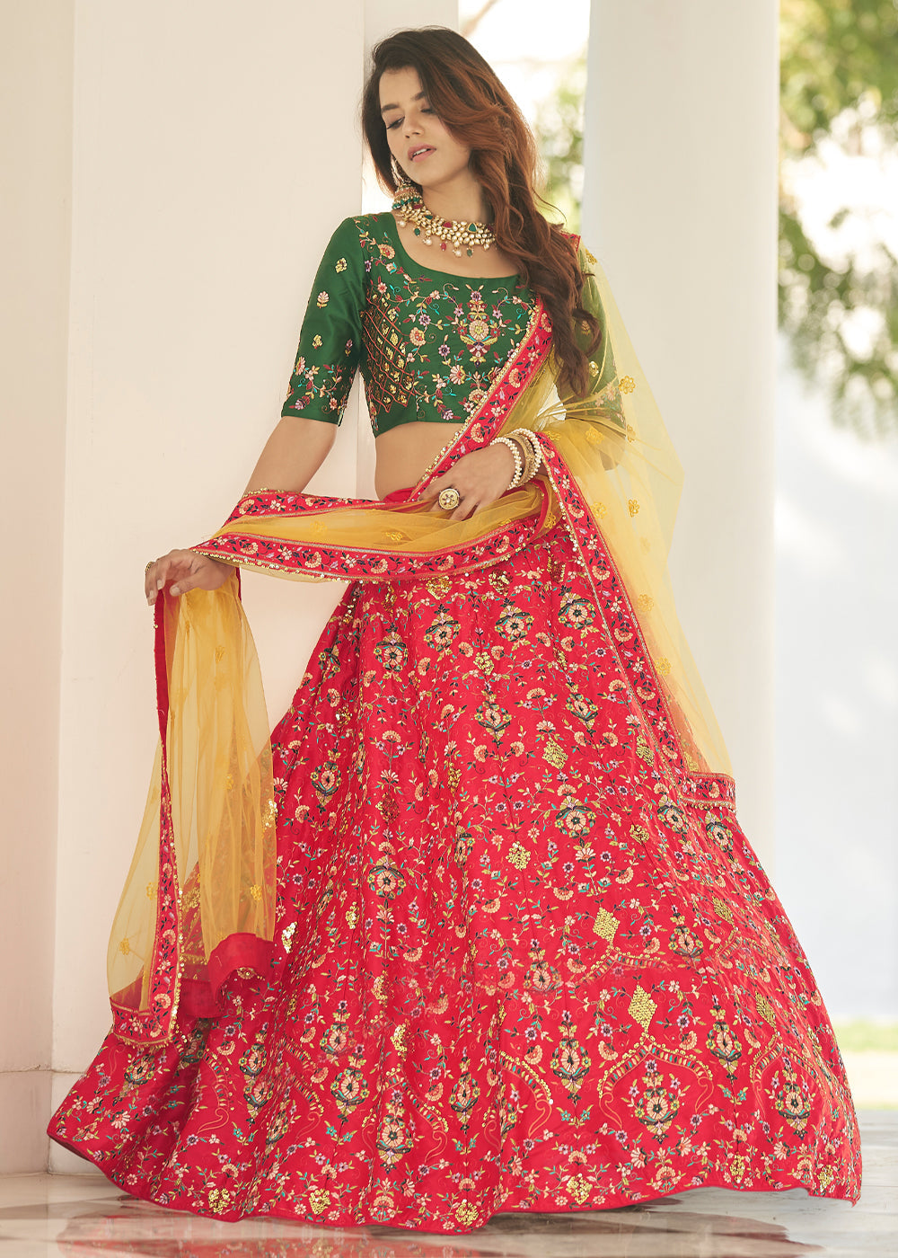Green Wedding Lehenga Choli with Embroidered Satin - LC4610