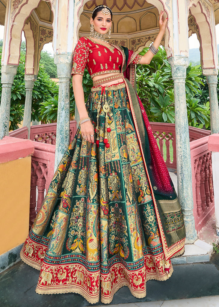 Art Silk Lehenga - Red Green Color Combination - Na Dhukan - Pure Desi  Market