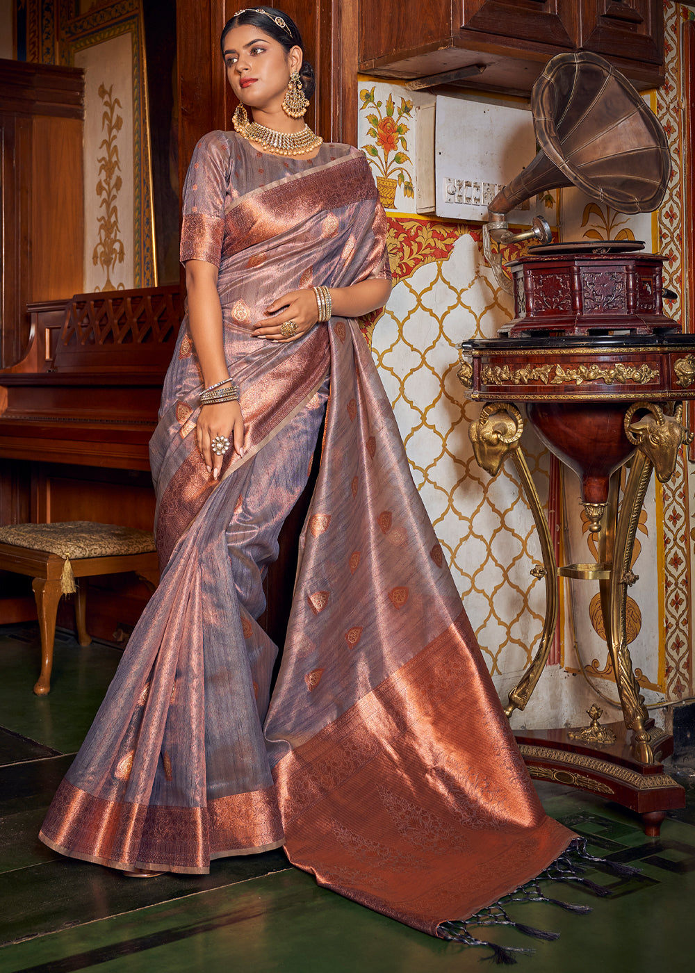 Light Mauve Colour Printed Tussar Silk Saree.