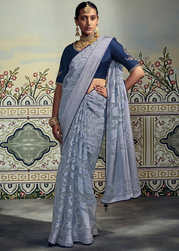 DUSK BLUE WOVEN SOFT SILK SAREE WITH EMBROIDERED BLOUSE – Zaribanaras global