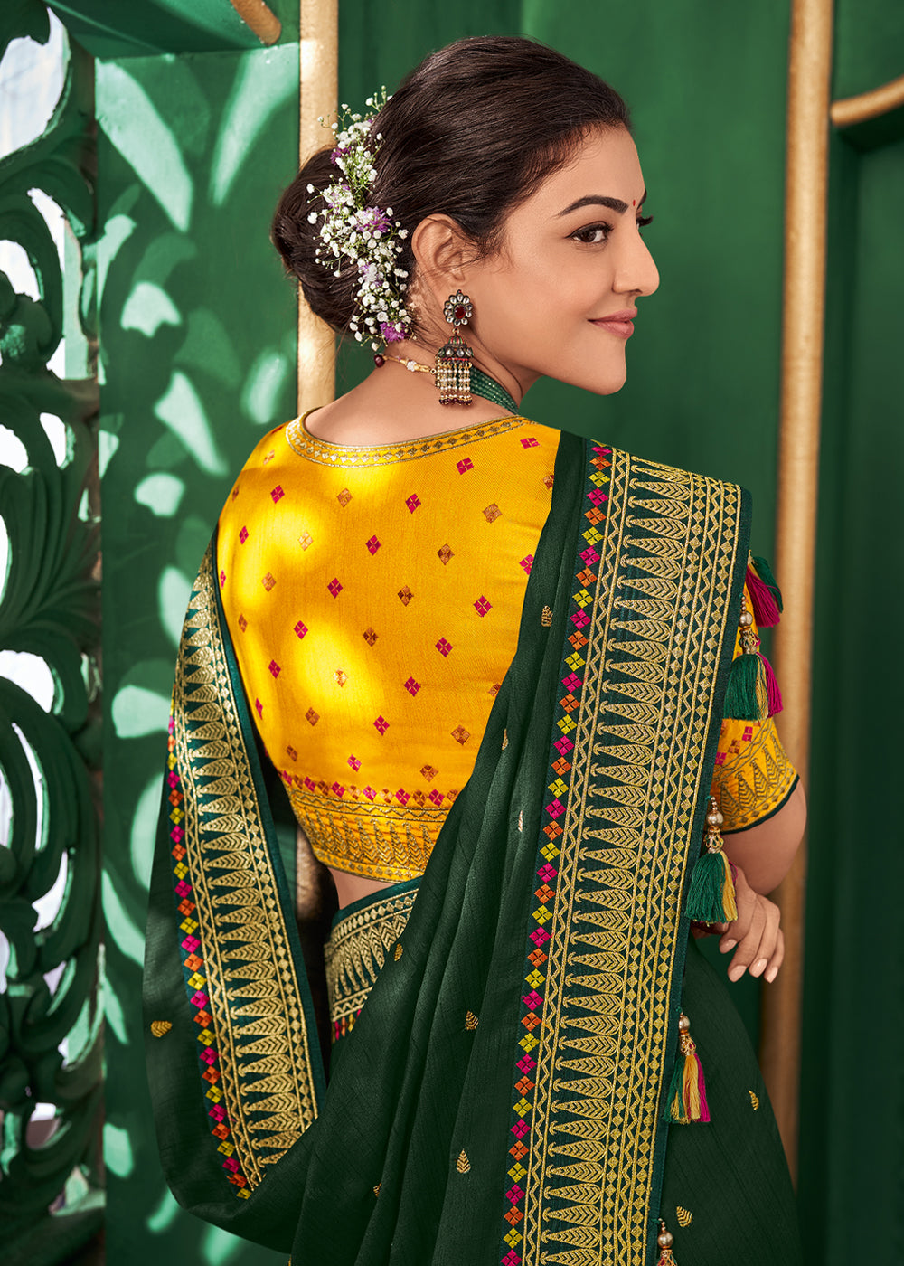 Yellow Designer Wedding Silk Saree Green Blouse – RawaazFashion