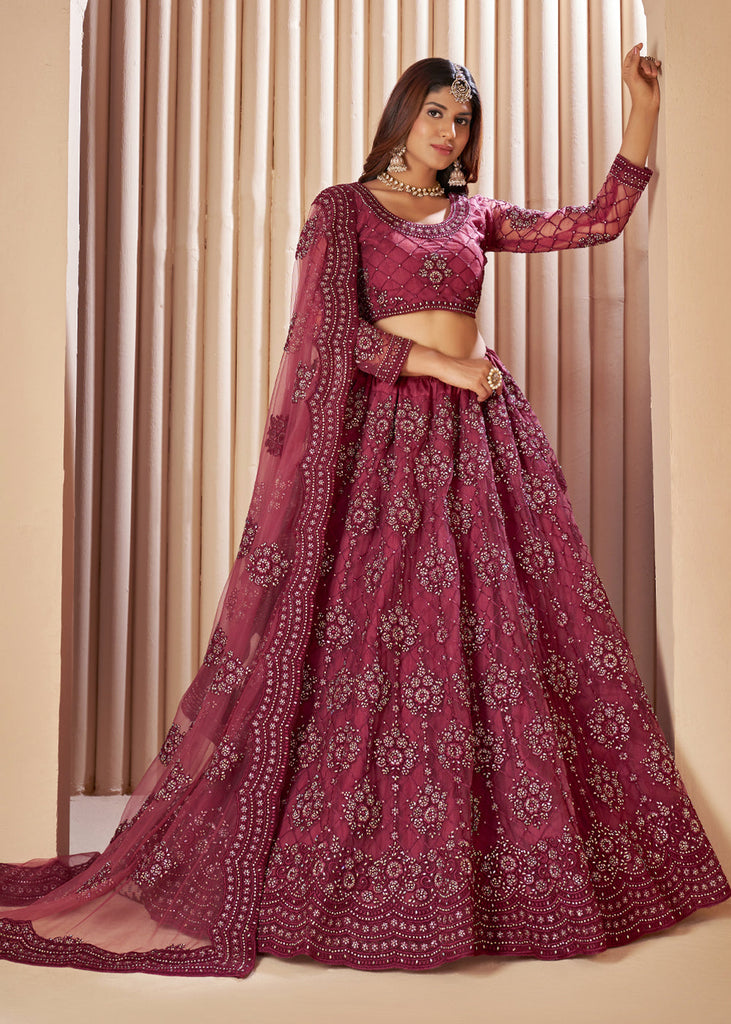 Elegant Look Pink Color Satin Base Lehenga With Zari And Stone Work