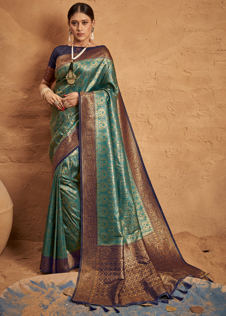 Sohum Sutras: Turquoise blue Tanchoi silk saree