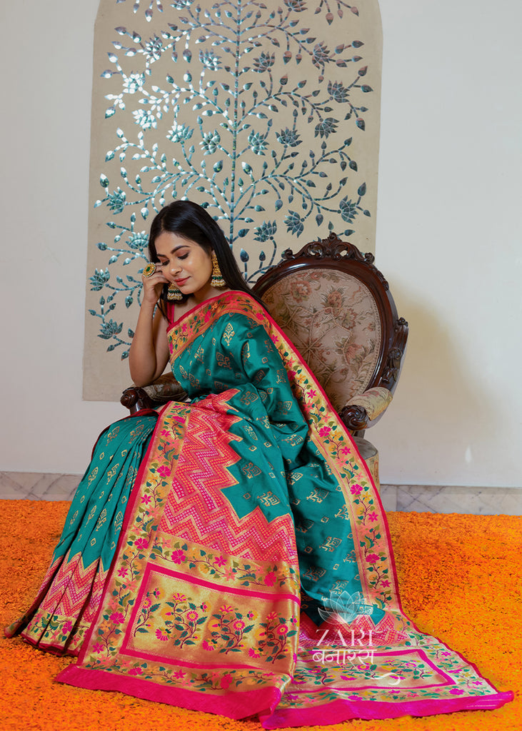 Zynah Pure Banarasi Soft Silk Saree, Patola Weave, Paithani Border & P –  ZynahDesign
