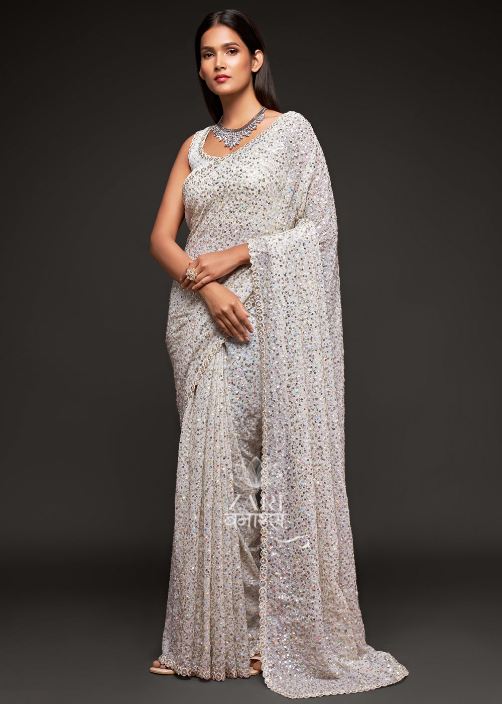 Snow-White Spotlight | Ready to Wear White Sequins Saree – Glamwiz India