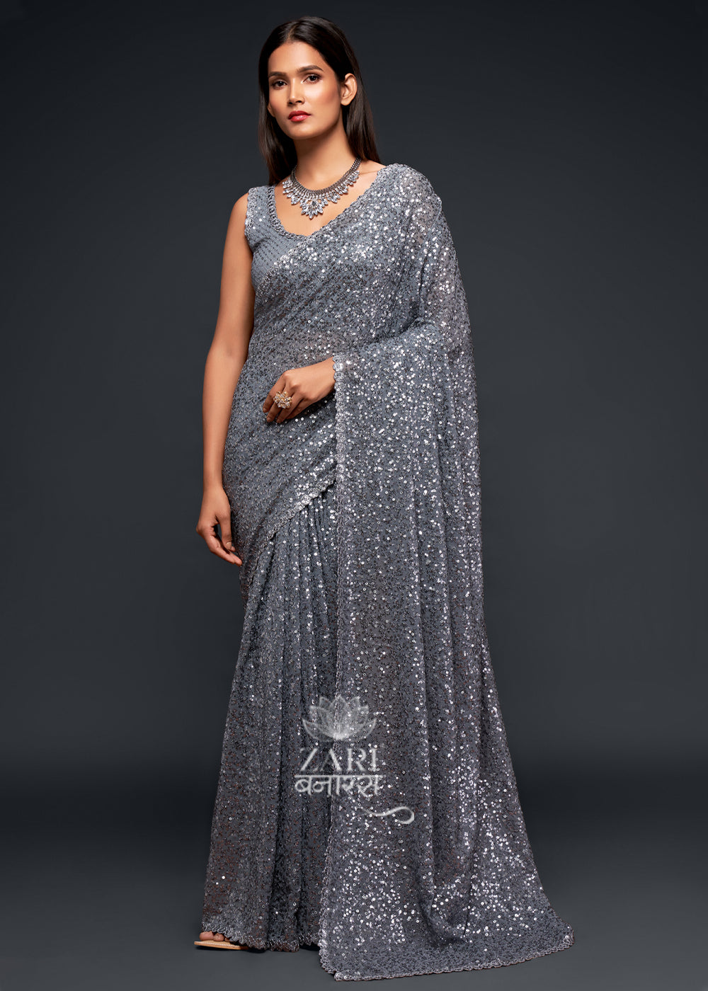 Silver Gray Heavy Sequins Embroidery Georgette Saree - Urban Womania