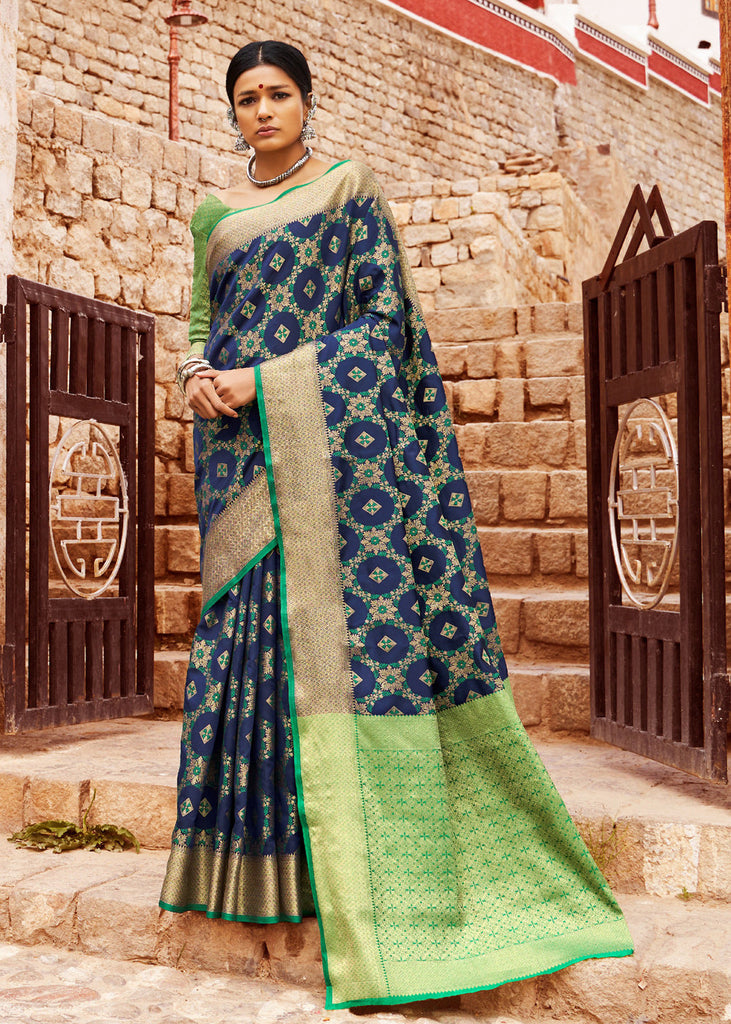 Midnight Navy Blue Woven Patola Saree With Brocade Blouse (5673648095383)