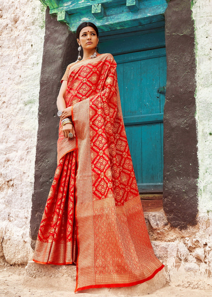 Red Woven Saree Woven Patola Saree With Brocade Blouse (5673648488599)