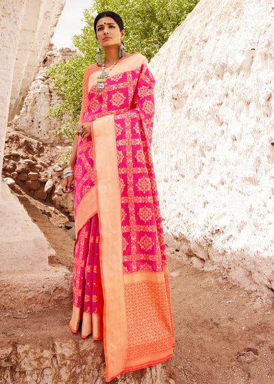 Fuschia Pink Woven Patola Saree With Brocade Blouse (5673653600407)