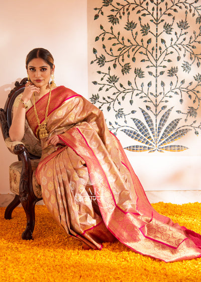 Phoolkari: Banarasi Saree with Floral Zari Butis in the Shades of Beige and Red (7063770497217)