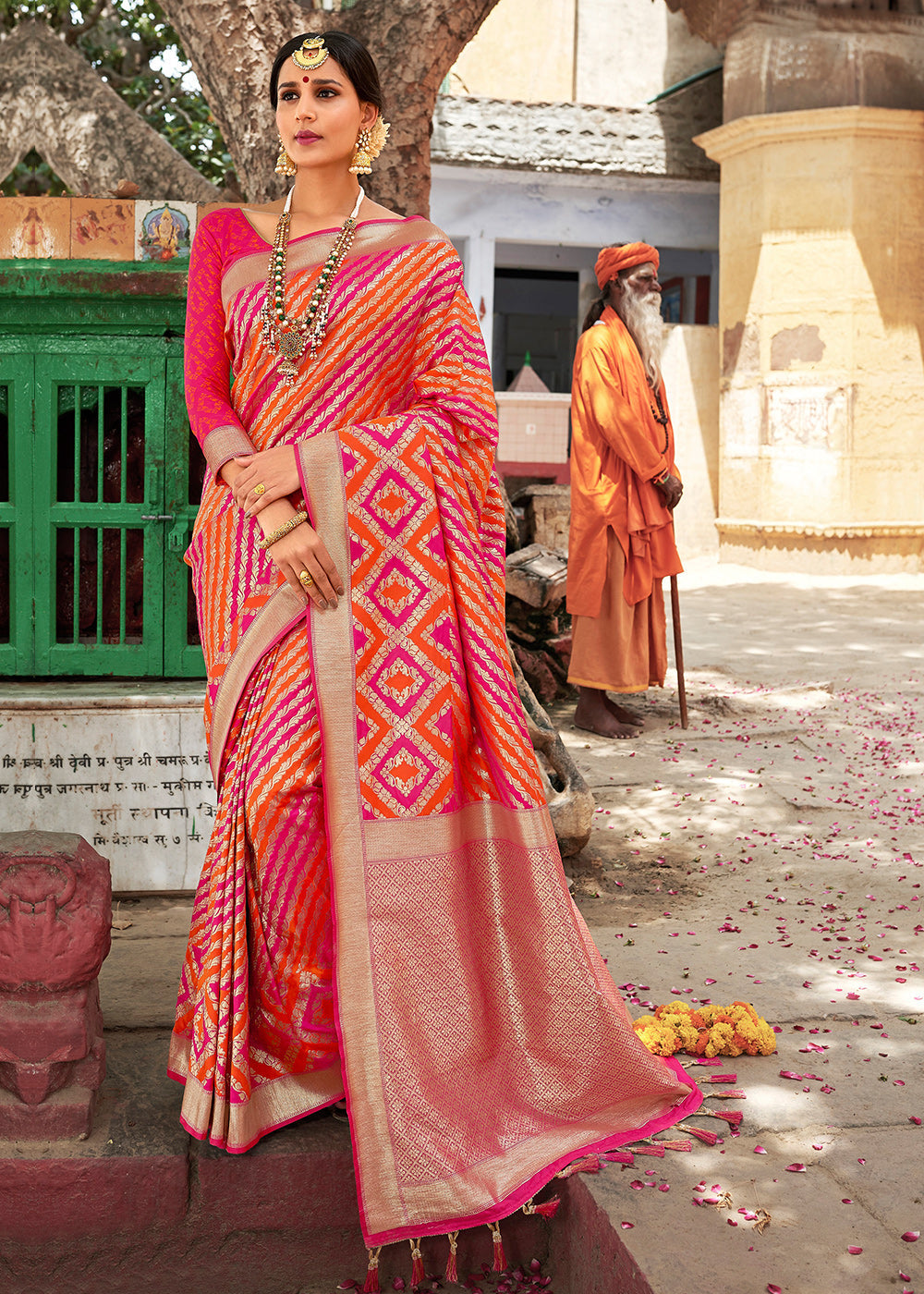 Orange Pink Kanjivaram Silk Saree – Ranjvani