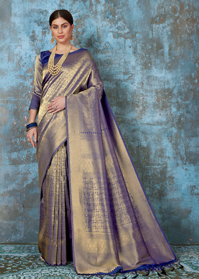 Midnight Blue And Gold Kanjivaram Saree (5763398140055)