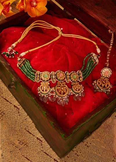 HEAVY RANI HAAR IN GREEN STONE STUDDED WITH MAANGTIKA (6964517863617)